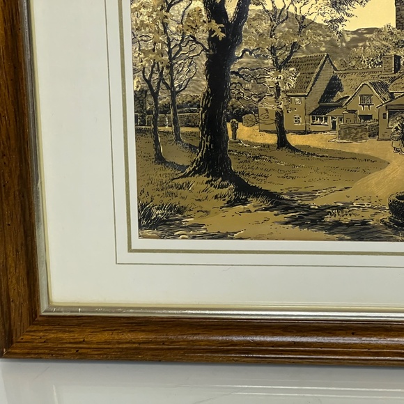 Vintage Gold Foil Etching Art w Wood Frame - Landscape - Farm -Metallic -Framed - Picture 10 of 16